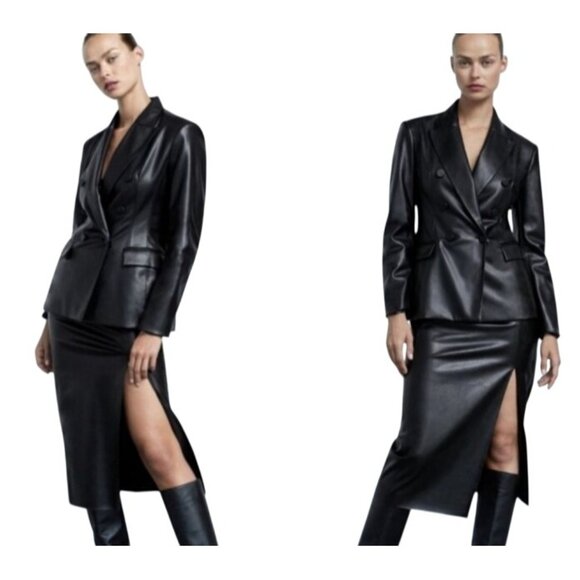 Zara Black Double Breasted Vegan Leather Fitted Blazer Jacket Sharp Lapels S - Picture 8 of 13